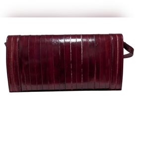 Vintage Genuine Leather Burgundy Red Eel Skin Shaped Shoulder Bag Clutch Purse S
